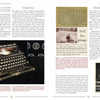 A two-page spread from "German Military Travel Papers of the Second World War" by Schiffer Publishing, Ltd. displays a black antique typewriter, vintage photos, handwritten notes, and original Wehrmacht documents with descriptive text.