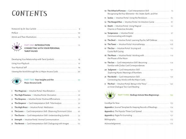 Table of contents page from the Mystic Spirit Tarot Playbook by Schiffer Publishing, Ltd., featuring chapters on tarot insights, intuitive card reading, Major Arcana, card interpretations, spreads, life's transitions, and appendices.