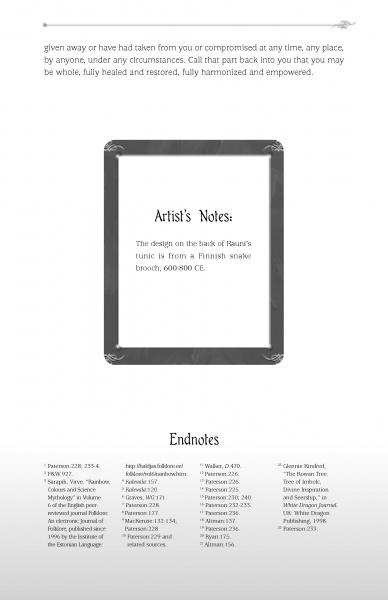 A framed text box labeled Artists Notes describes a tunic design inspired by a Finnish snake brooch (600–800 CE) and The Green World Oracle from Schiffer Publishing, Ltd. Below is a three-column list of endnotes and sources on a white background.