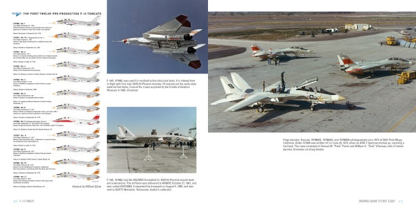 A spread from Schiffer Publishing, Ltd.'s "F-14 Tomcat" shows illustrated side views of the iconic US Navy jet on one page and airfield photos with detailed captions and text on the other.
