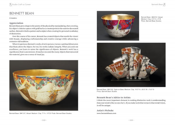 A magazine spread on Schiffer Publishing, Ltd.'s "Studio Craft as Career" features Bennett Bean's ceramic bowls with colorful patterns and gold interiors, plus artist insights on self-directed learning and advice for aspiring artists.