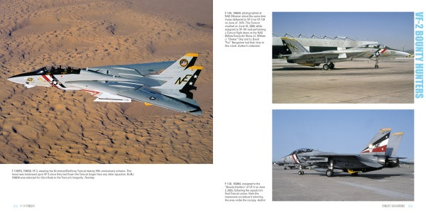 An F-14 Tomcat soars over the desert on the left page, while the right shows two F-14s with folded wings and another on the runway. Blue text says "VF-2 Bounty Hunters—true Legends of Warfare." Published by Schiffer Publishing, Ltd.