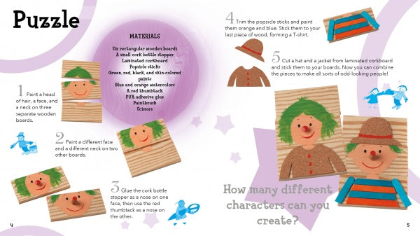 Schiffer Publishing, Ltd.’s "Wood" is a children’s craft guide with step-by-step instructions for wood crafts, featuring colorful cartoon illustrations, playful fonts, and drawings of smiling faces on wood, hats, and shirts.