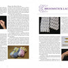 A magazine spread from Schiffer Publishing, Ltd.'s Heritage Crochet in a New Light showcases broomstick lace with photos of hand methods, finished lace and slippers, plus close-ups of techniques using yarn, needles, and a crochet hook. Heading: BROOMSTICK LACE.