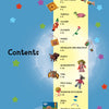 A vibrant table of contents from Schiffer Publishing, Ltd.'s children's craft book "Cloth" features a yellow strip listing projects like little fishes, necklace, puppy, and owl, each with images, on a starry blue background.