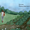 A family strolls through a lush garden at sunset, sunflowers blooming around them. Inspired by "Hello, Garden!" from Schiffer Publishing, Ltd., the text reads: Sun sets. Flowers close tired eyes.