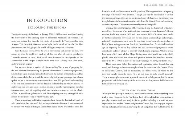 Two pages from the Da Vinci Enigma Tarot by Schiffer Publishing, Ltd., titled "Introduction: Exploring the Enigma," discuss a hidden room found in Florence and introduce Leonardo da Vinci's mysteries, art techniques, and the tarot deck's themes.