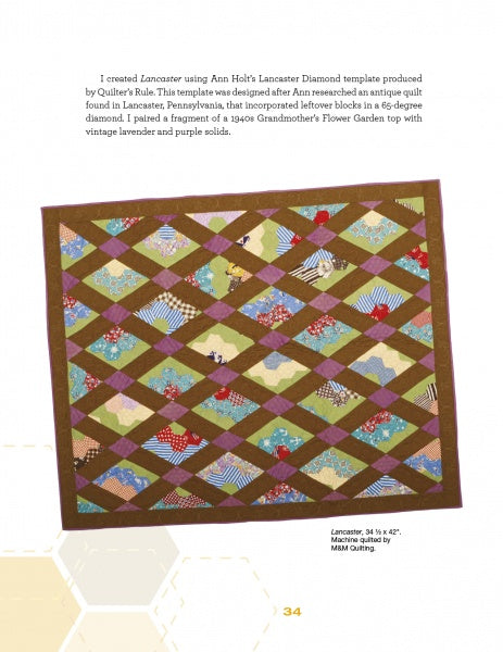 The Recycled Hexie Quilts from Schiffer Publishing, Ltd. features vibrant diamond and hexagon patterns in vintage prints, bordered in brown, displayed flat on white with yellow accents. Above, text highlights the quilt's inspiration.