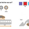 Infographic inspired by "The Lost Race Car" from Schiffer Publishing, Ltd.: four wheels, a short car above a long bus, and a small car beside a large vehicle; color swatches (red, gray, blue, yellow, green) appear at the top right.