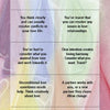 A pastel chart from Schiffer Publishing, Ltd.'s My First Relationship Tarot features the Six of Swords, offering guidance and reassurance on conflict resolution, love advice, and travel possibilities in concise text boxes for various situations.