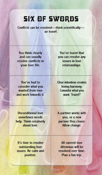 A pastel chart from Schiffer Publishing, Ltd.'s My First Relationship Tarot features the Six of Swords, offering guidance and reassurance on conflict resolution, love advice, and travel possibilities in concise text boxes for various situations.
