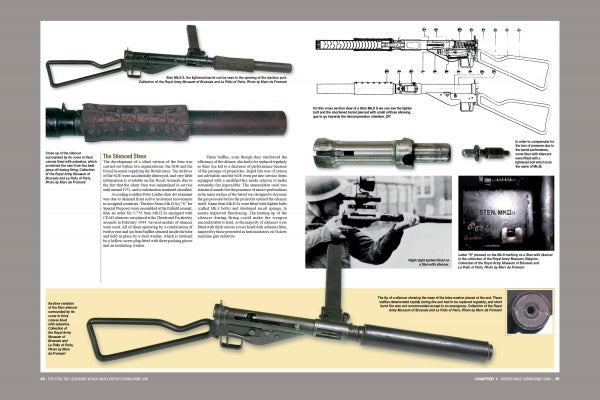 A magazine page from "The Sten" by Schiffer Publishing, Ltd. showcases diagrams, photos, and technical drawings of silenced British WWII firearms, including close-ups of STEN components, assembly instructions, and a person aiming a silenced gun.