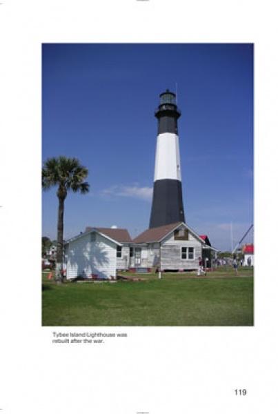 Experience the sights of a tall black and white lighthouse behind a gray house, palm trees, and green grass—featured in Schiffer Publishing, Ltd.'s Civil War Walking Tour of Savannah near the historic Savannah battlefields.