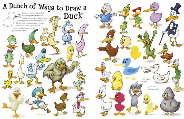 A vibrant chart from Schiffer Publishing, Ltd.'s "More Creatures and Characters," featuring over 30 cartoon ducks in different styles—a playful art guide for kids and a handy reference for anyone who enjoys drawing funny animals.