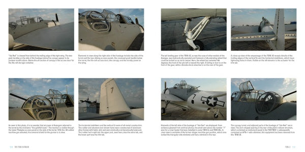 A two-page spread from Schiffer Publishing, Ltd.'s TBF/TBM Avenger shows close-up and wide shots of the WWII torpedo bomber, featuring cockpit, landing gear, and tail details with descriptive small-print captions.