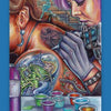 A purple-haired tattoo artist inks a colorful fantasy scene on a woman’s back. Seven ink cups rest on the table. This inclusive “Seven of Cups” card is from The Everyday Enchantment Tarot by Schiffer Publishing, Ltd.
