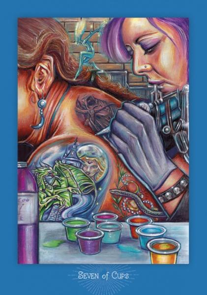 A purple-haired tattoo artist inks a colorful fantasy scene on a woman’s back. Seven ink cups rest on the table. This inclusive “Seven of Cups” card is from The Everyday Enchantment Tarot by Schiffer Publishing, Ltd.