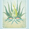 An oracle card from The Herbal Healing Deck by Schiffer Publishing, Ltd. features a stylized aloe plant with green spiky leaves, a yellow swirl, and rainbow shapes. Labeled "ALOE – RESOURCEFULNESS" with a leaf symbol, it highlights aloe’s herbal benefits.