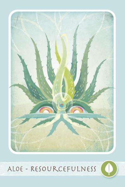 An oracle card from The Herbal Healing Deck by Schiffer Publishing, Ltd. features a stylized aloe plant with green spiky leaves, a yellow swirl, and rainbow shapes. Labeled "ALOE – RESOURCEFULNESS" with a leaf symbol, it highlights aloe’s herbal benefits.