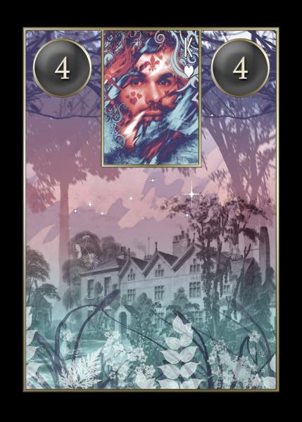 The Lenormand Cartomancy deck by Schiffer Publishing, Ltd. showcases a mystical card with a large house among pastel trees, two black circles showing the number 4, and a swirling detailed face at the top, ideal for Lenormand fortune telling.