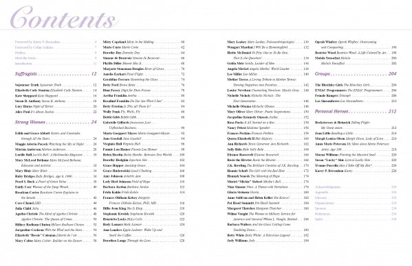 The table of contents in HERstory Quilts by Schiffer Publishing, Ltd. spans two pages, listing sections such as Stuff Pages, Strong Women, Groups, and Personal Heroes in purple and black text. It features extraordinary women in art quilts and fiber art.