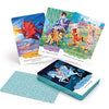 The Inspirational Visions Oracle Cards by Schiffer Publishing, Ltd. showcase vibrant fantasy art—red dragon, fairy tale figures, a flying horse—with descriptive text on each card. In the image, some cards are fanned out; others are stacked face down.