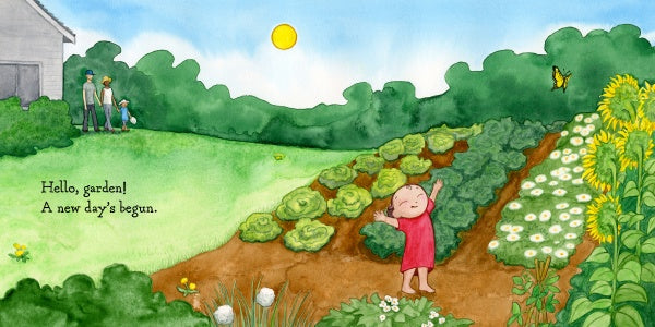 A smiling child in a red dress stands with arms raised in a sunny vegetable garden as others work nearby. A butterfly flutters by sunflowers. Text reads, "Hello, garden!"—a perfect moment from Schiffer Publishing, Ltd.'s Hello, Garden!.
