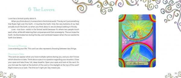The Tarot of the Kingdoms by Schiffer Publishing, Ltd. showcases card 6, The Lovers, with ornate swirls, explanatory text on the left, and a vibrant Lovers illustration on the right—ideal for tarot and divination enthusiasts.