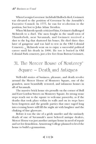 A page from "Savannah Folklore" by Schiffer Publishing, Ltd. discusses Georgia Governor Archibald Bulloch and introduces section 31, The Mercer House of Monterey Square—Death and Antiques, exploring Mercer House legends. Page 112.