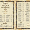 A two-page vintage parchment-style table of contents lists sections and page numbers for The Illuminati Tarot by Schiffer Publishing, Ltd., covering Major and Minor Arcana, Cups, Swords, Wands, and Pentacles in Western mysticism.