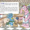 In "The Lollipop Monster Meets Clem the Klutz" by Schiffer Publishing, Ltd., the blue Lollipop Monster and his tall pink friend Clem share sweet moments in a cozy candy shop, surrounded by treats and mountain views like a charming kids’ book illustration.