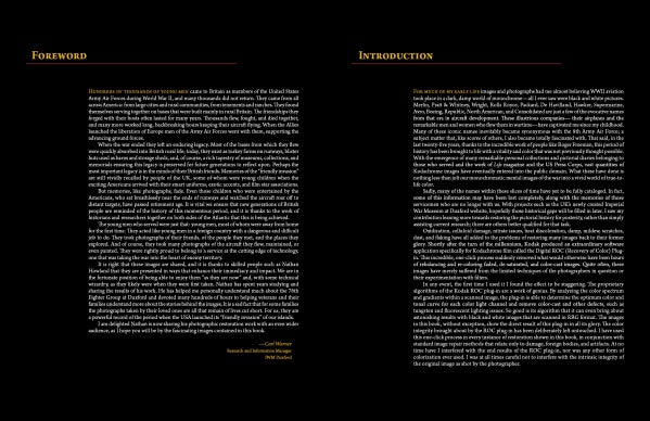 A two-page spread from "The 8th Army Air Force in Color" by Schiffer Publishing, Ltd. shows a Foreword beside an Introduction, both with dense white text on black and yellow headings, echoing the look of restored WWII Kodachrome photos.