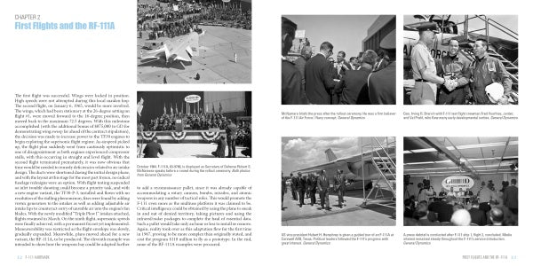 A two-page spread from Schiffer Publishing, Ltd.’s "F-111 Aardvark" shows black-and-white photos of ceremonies, early flights, crowds, officials, and Air Force staff at an airbase, with text about the aircraft’s first flights.