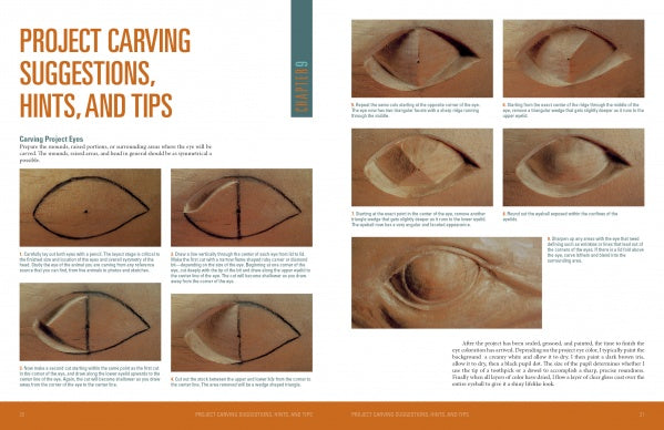 Carving Marine Mammals with Power by Schiffer Publishing, Ltd. features close-up woodcarving images and step-by-step instructions, tips, and hints in columns on a tan background under the “Project Carving Suggestions, Hints, and Tips” heading.