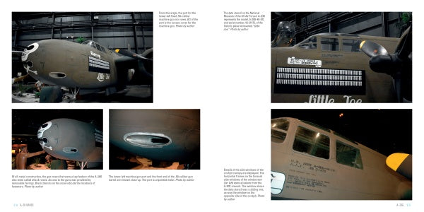 A two-page magazine spread from Schiffer Publishing, Ltd. showcases the A-20 Havoc with close-up photos of its nose art, mission tally marks, engines, and cockpit details inside a museum hangar.