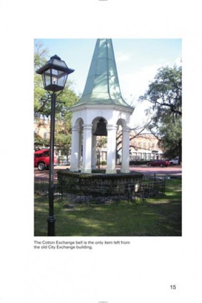 On the Civil War Walking Tour of Savannah by Schiffer Publishing, Ltd., see a historic white bell tower with a green steeple, set in a fenced area near battlefields, beside a street lamp, and surrounded by trees, cars, and red-brick buildings.