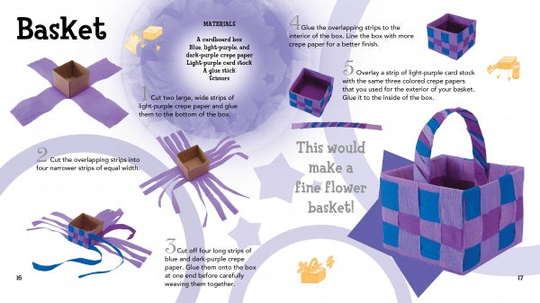 An illustrated step-by-step guide from Schiffer Publishing, Ltd. shows how to make a checkered basket using strips of light and dark purple crepe Paper, complete with images of each crafting stage and the finished basket with a handle.