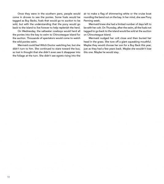 A page from "The True Story of Quintilius" by Schiffer Publishing, Ltd. features two text columns about ponies, an auction, and Mermaid. The white page with black text mentions the Feather Fund and a Chincoteague Pony foal; it's marked page 18.