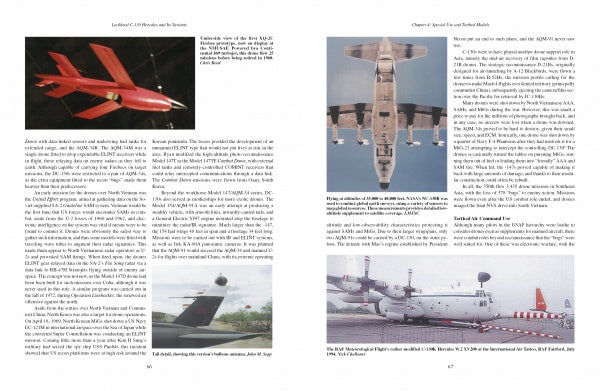 Two pages from "Lockheed C-130 and Its Variants" by Schiffer Publishing, Ltd. showcase military aircraft, such as a Cold War red drone in flight, a large airlifter from below, and a white plane with orange stripes on the runway.