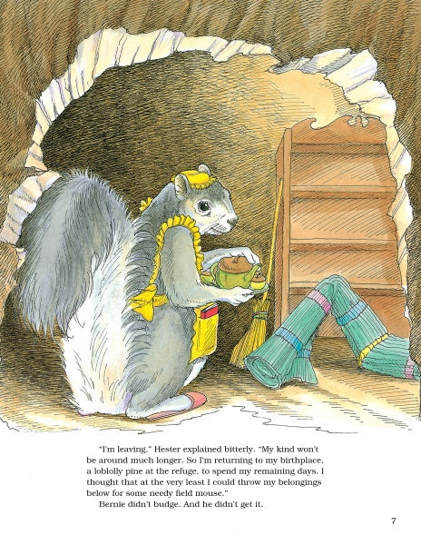 A gray Delmarva fox squirrel in a yellow apron and bonnet holds a jar inside a cozy burrow. By the wooden shelf, green-striped boots and a ladder can be seen. Product: Chadwick Forever by Schiffer Publishing, Ltd.
