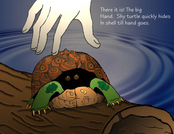 A hand reaches toward a shy turtle on a log by the water; it retreats into its shell, watching. Ideal for children’s stories or turtle tales. Features: “There it is! The big hand. Shy turtle hides in shell till hand goes.” The Turtle Tank by Schiffer Publishing, Ltd.
