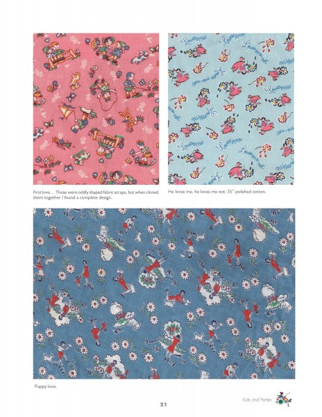 Vintage Children's Fabrics by Schiffer Publishing, Ltd.: three samples—pink with playful children and toys, light blue with children, dogs, and text, and blue with children, dogs, and flowers—showcase whimsical vintage designs.