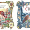 Cozy illustrations from "Wee Witches" by Schiffer Publishing, Ltd. show a red-haired girl indoors: on the left, she sits thoughtfully at a table with plants and candles; on the right, she chats with her cat among magical items by moonlight.