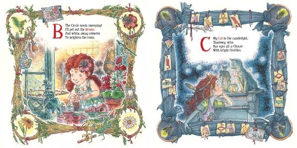 Cozy illustrations from "Wee Witches" by Schiffer Publishing, Ltd. show a red-haired girl indoors: on the left, she sits thoughtfully at a table with plants and candles; on the right, she chats with her cat among magical items by moonlight.