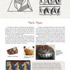 A magazine page features triangular and rectangular border patterns, decorated drums, and a painted box, with text on the design process from "Doodling Borders for Wood Burning, Gourds & Drawing" by Schiffer Publishing, Ltd.
