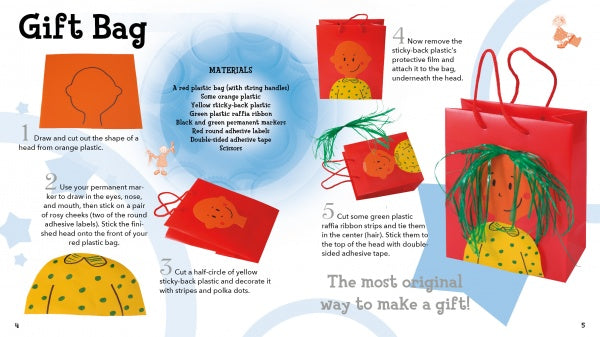 The step-by-step illustrated guide in "Plastic" by Schiffer Publishing, Ltd. shows how to make a playful gift bag with a red bag, orange plastic head, googly eyes, green ribbon hair, and colorful stickers to boost fine motor skills.