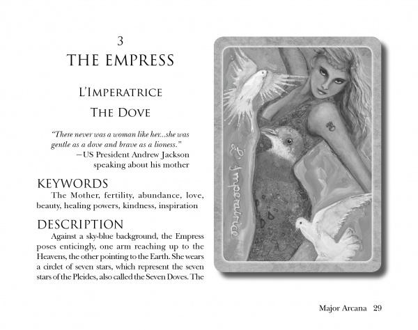 The Secret Language of Birds Tarot by Schiffer Publishing, Ltd. features a grayscale illustration of The Empress—a serene long-haired woman with doves and a large bird under a starry sky. "L’Impératrice" and text appear on the left of this divination card.