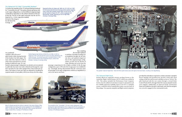 A Schiffer Publishing, Ltd. magazine spread features Boeing 737 models, showing two jets, a detailed cockpit, crew loading cargo, and text about the Boeing 737 and air freight operations.