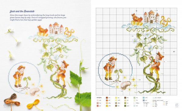 Fables & Fairy Tales to Cross Stitch by Schiffer Publishing, Ltd. features a Jack and the Beanstalk pattern with Jack, a towering beanstalk, castle, and goose, plus thread colors and key at the chart’s bottom.