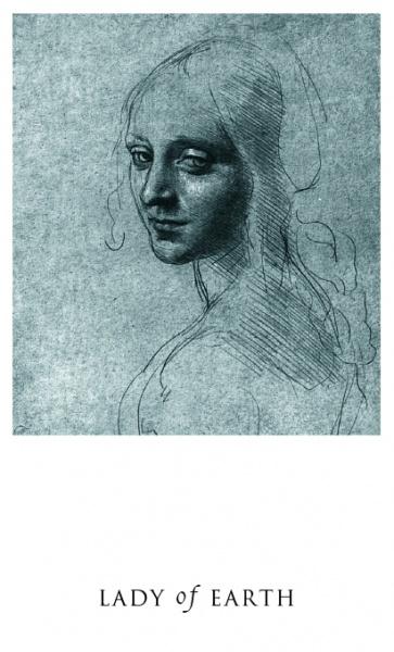 A black and white sketch of a woman with long hair gazes over her shoulder. Below, "LADY of EARTH" appears in capitals, evoking the mysterious elegance of the Da Vinci Enigma Tarot by Schiffer Publishing, Ltd.